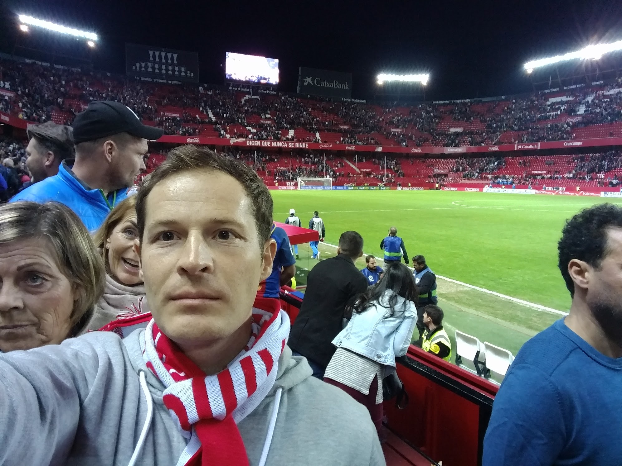 James at a Sevilla match at the Estadio Ramon Sanchez-Pizjuan